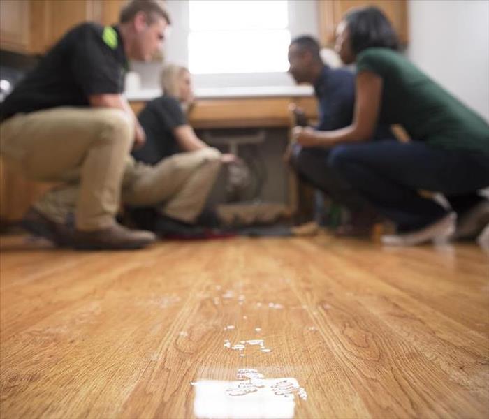 Two technicians and two homeowners examine a leak in the background while water sits on a floor in the foreground